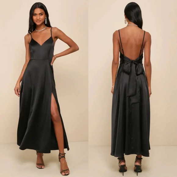 Lulus Always Audacious Black Satin Tie-Back Midi Dress Wedding Guest Party - Picture 1 of 10